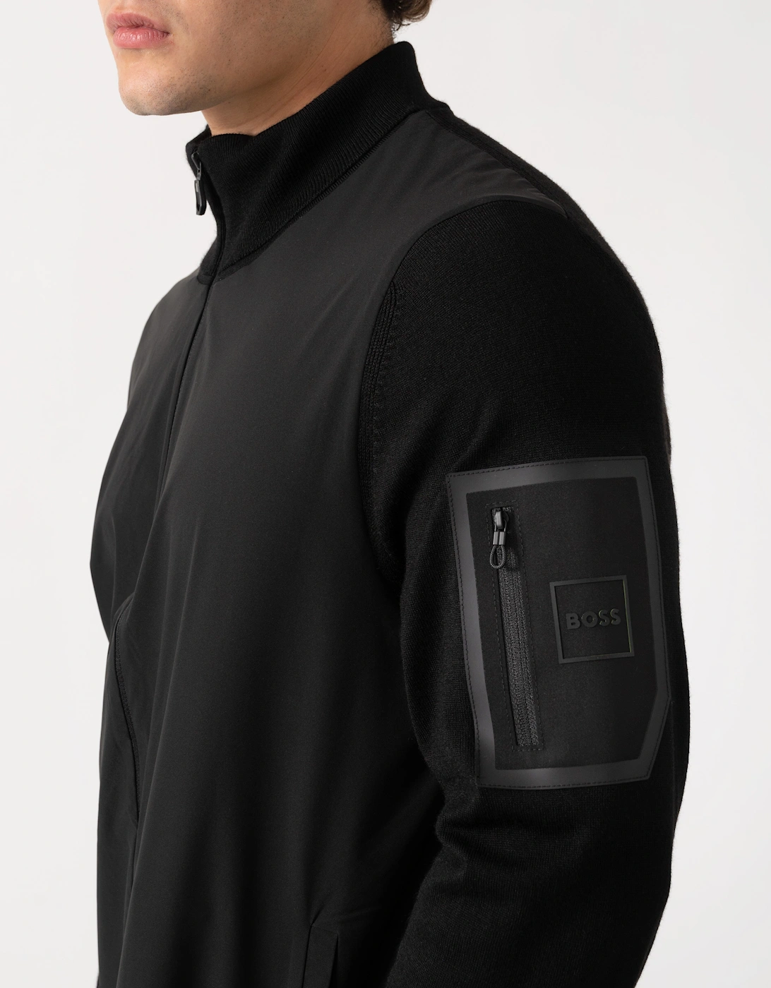 BOSS Green Momentum-X Mens Hybrid Jacket With Knitted Sleeves - Black 001