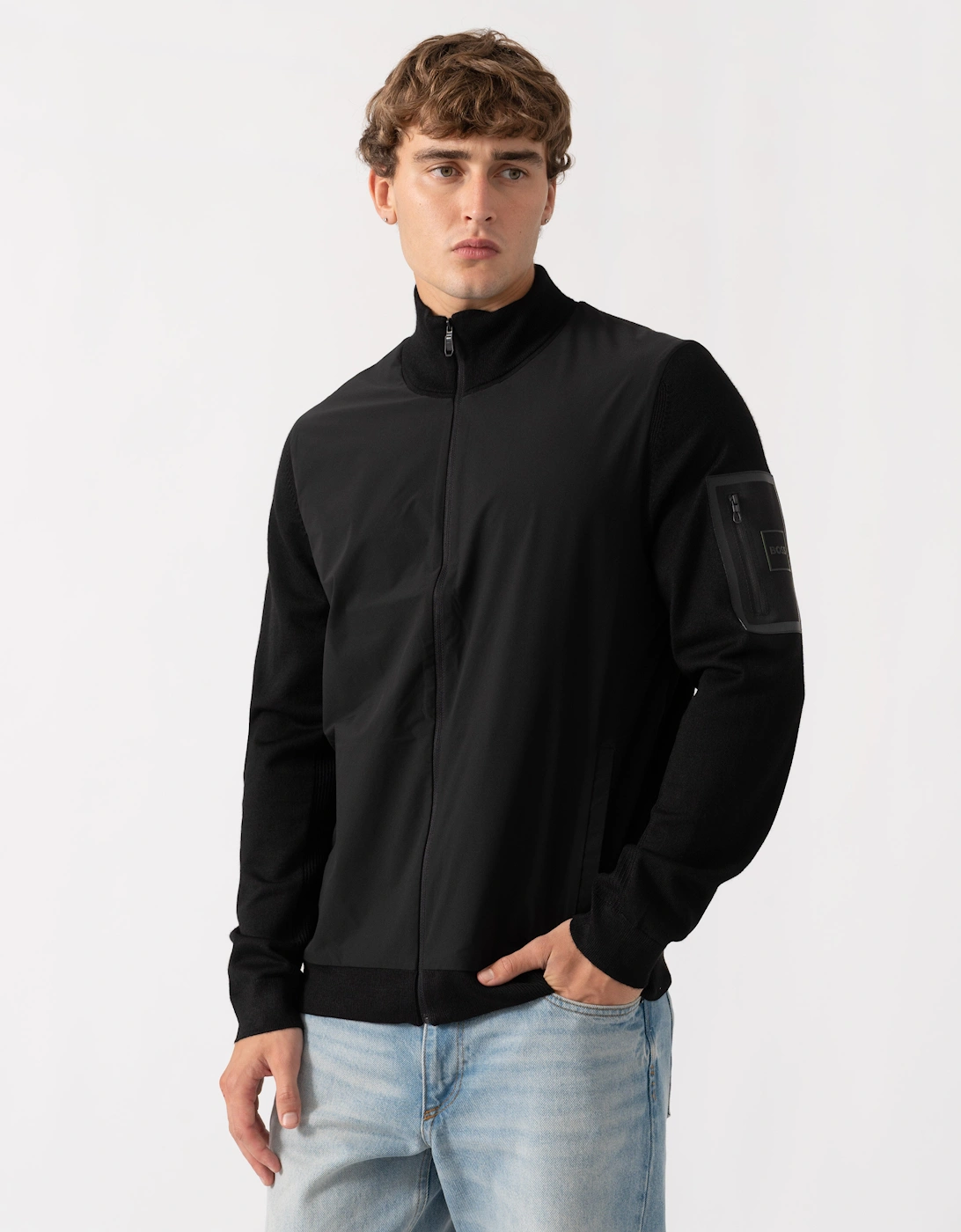 BOSS Green Momentum-X Mens Hybrid Jacket With Knitted Sleeves - Black 001