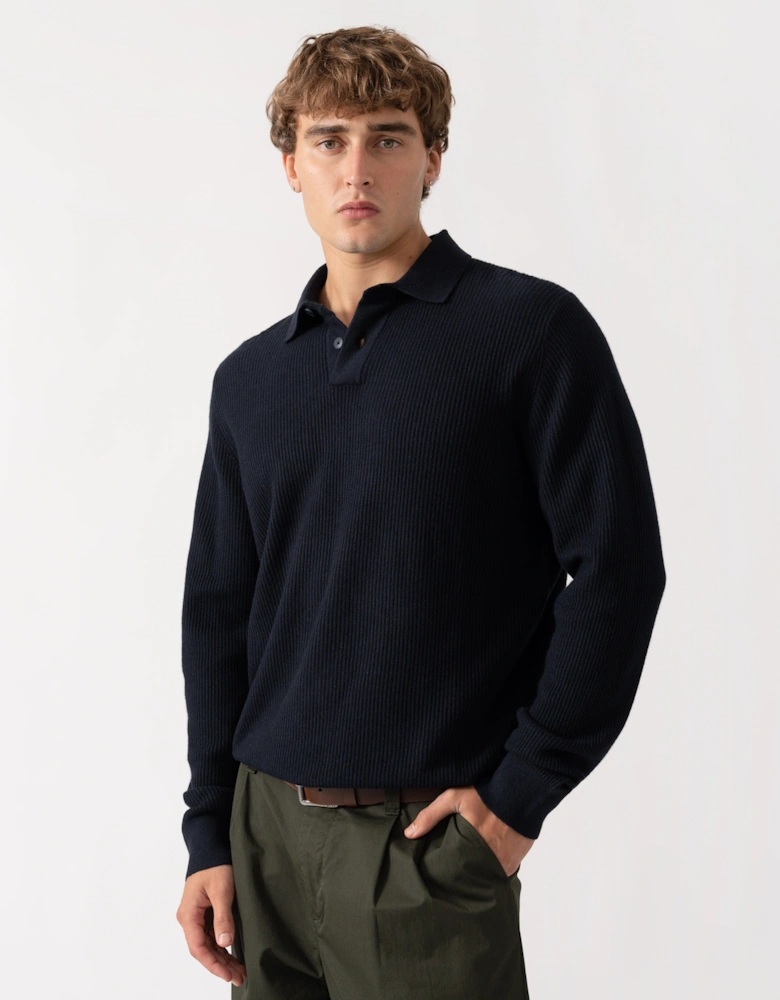 BOSS Orange Afedro Mens Long Sleeve Knit Polo Shirt - Dark Blue 404