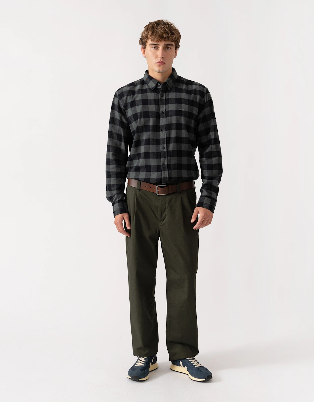 BOSS Orange Rickert Mens Long Sleeve Check Shirt - Open Green 377