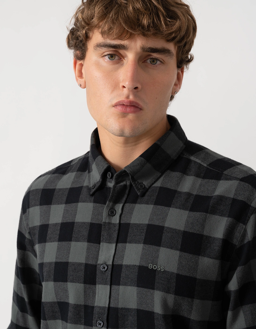 BOSS Orange Rickert Mens Long Sleeve Check Shirt - Open Green 377