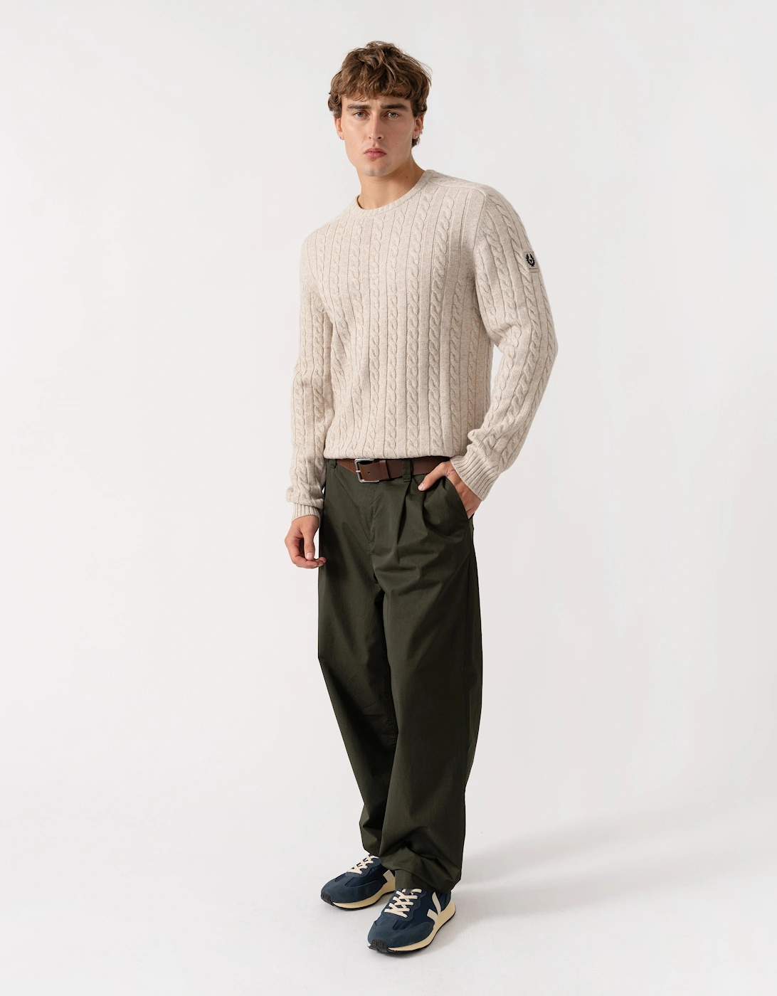 Belstaff Mens Westport Crew Neck Cable Knit Jumper - Pale Stone