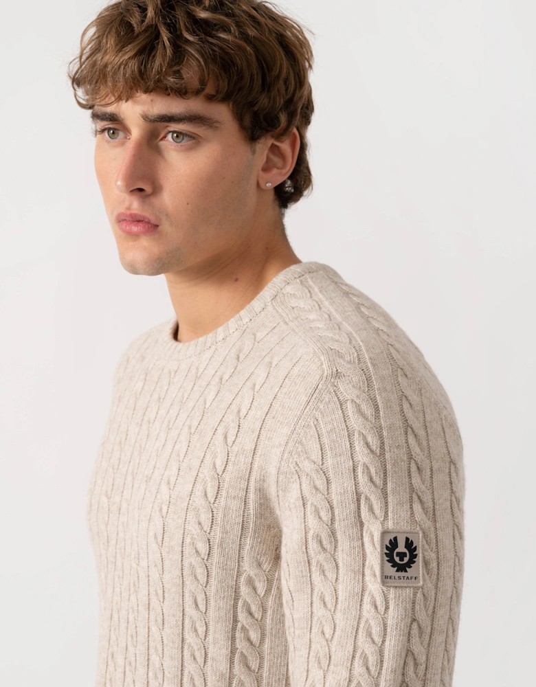 Belstaff Mens Westport Crew Neck Cable Knit Jumper - Pale Stone