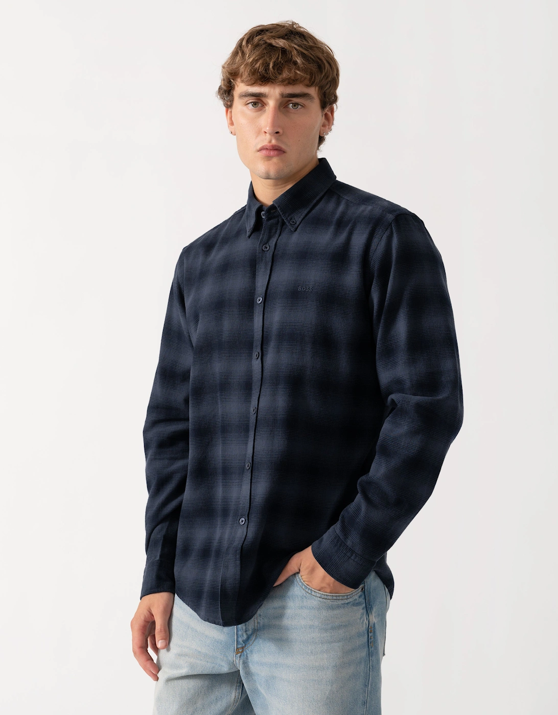 BOSS Orange Rickert Mens Long Sleeve Check Shirt - Dark Blue 404