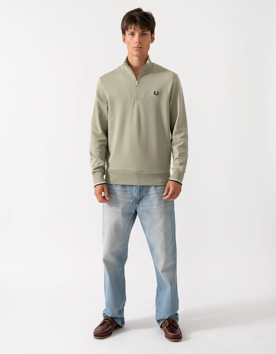 Fred Perry Mens Half Zip Sweatshirt - Seagrass/Ecru/Dark Airforce 76C