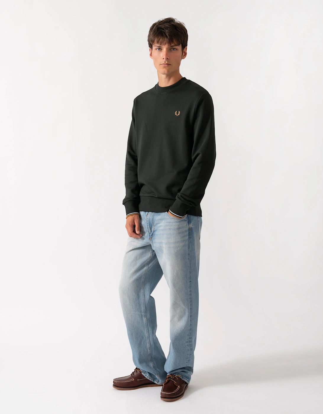 Fred Perry Mens Crew Neck Sweatshirt - Night Green/Dusk Blue/Dark Caramel 78C