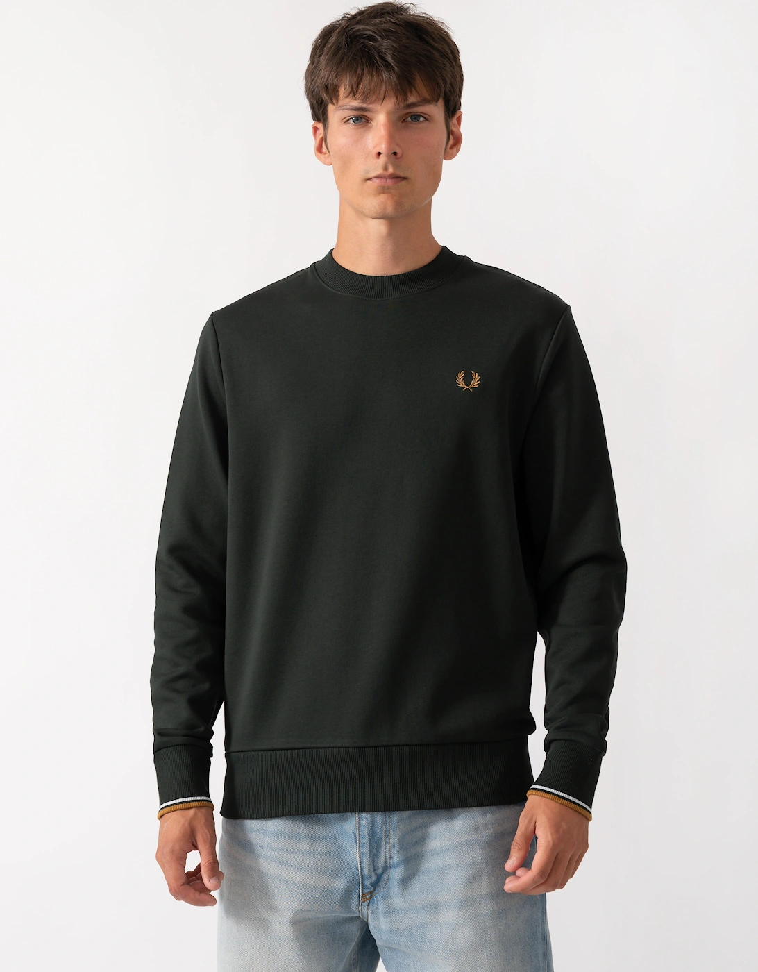 Fred Perry Mens Crew Neck Sweatshirt - Night Green/Dusk Blue/Dark Caramel 78C
