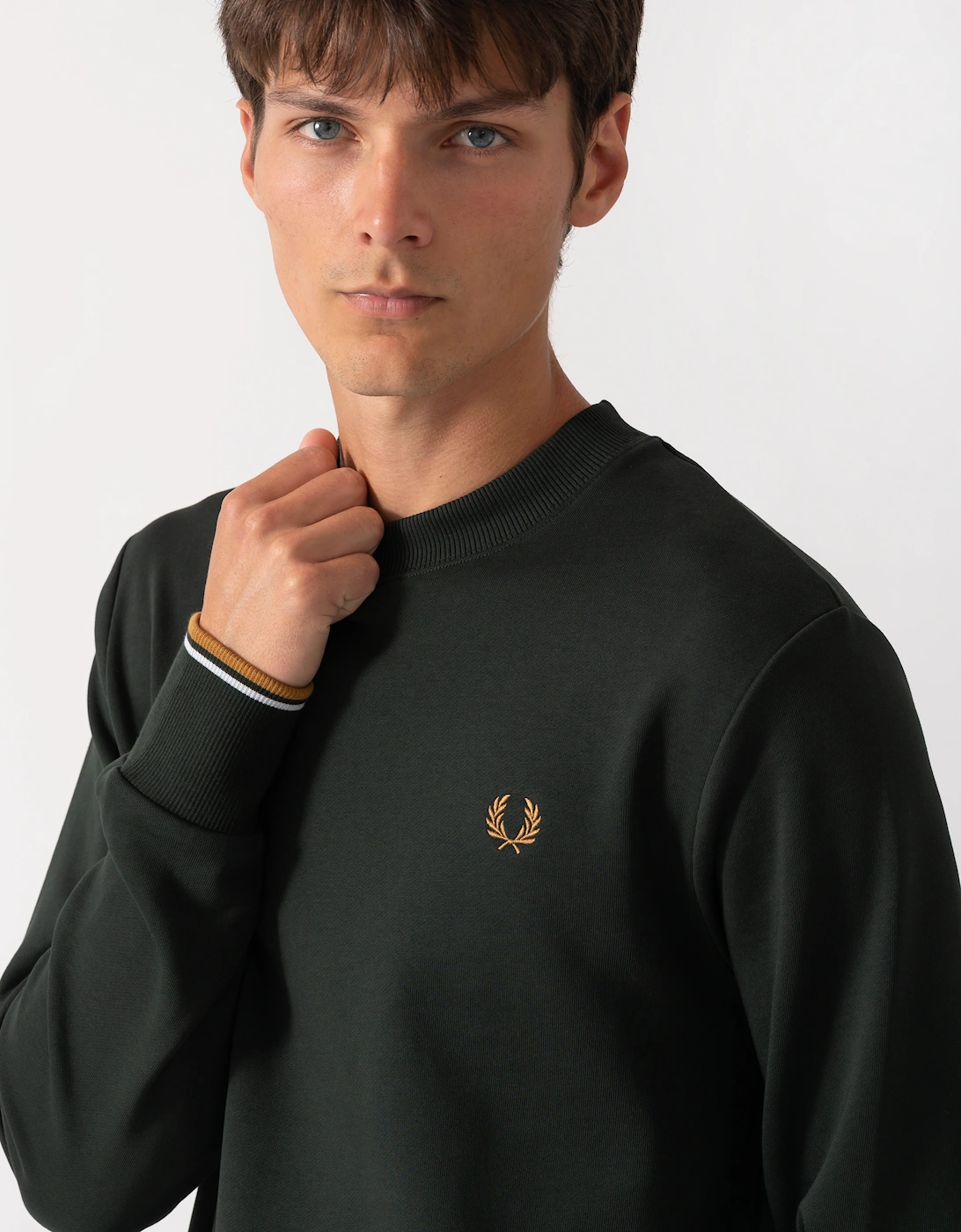 Fred Perry Mens Crew Neck Sweatshirt - Night Green/Dusk Blue/Dark Caramel 78C