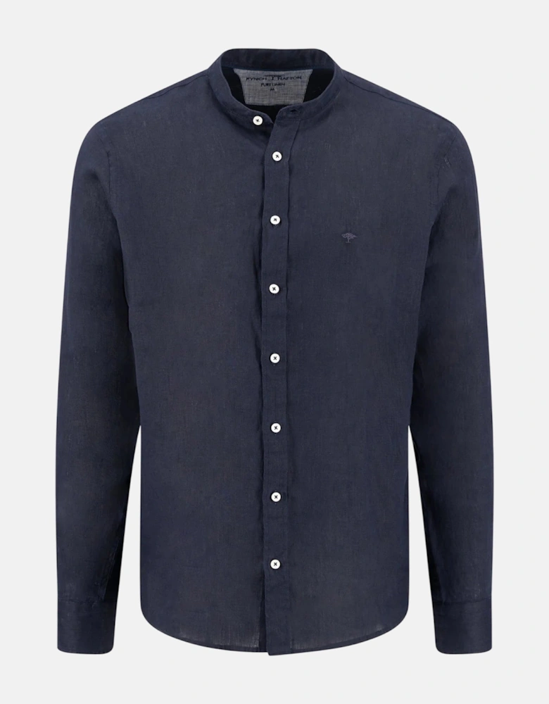 Stand Collar Pure Linen Shirt Navy