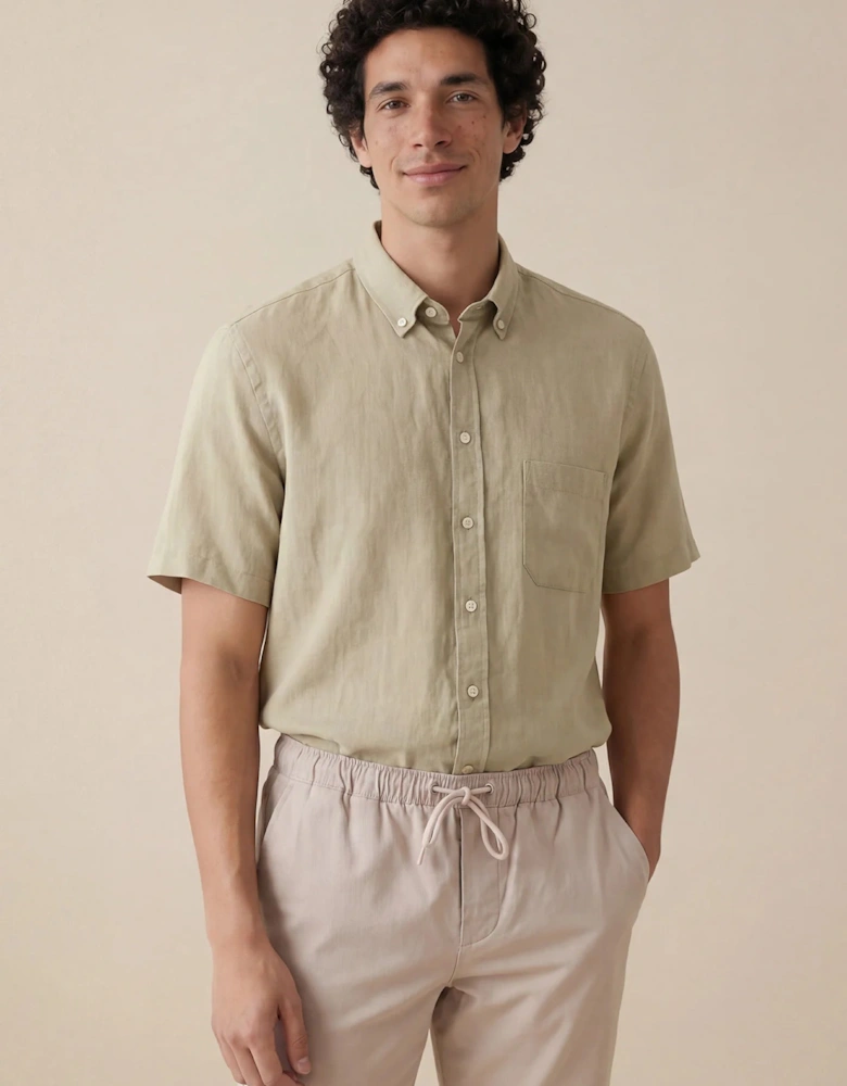 Premium Linen Button Down Short Sleeved Shirt Pistachio