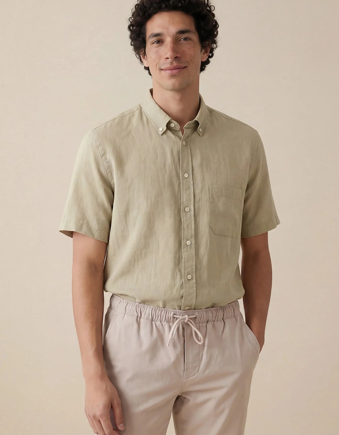 Premium Linen Button Down Short Sleeved Shirt Pistachio
