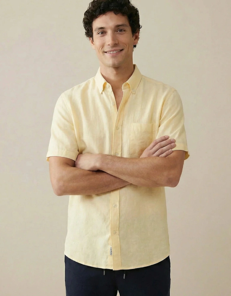 Premium Linen Button Down Short Sleeved Shirt Pale Yellow