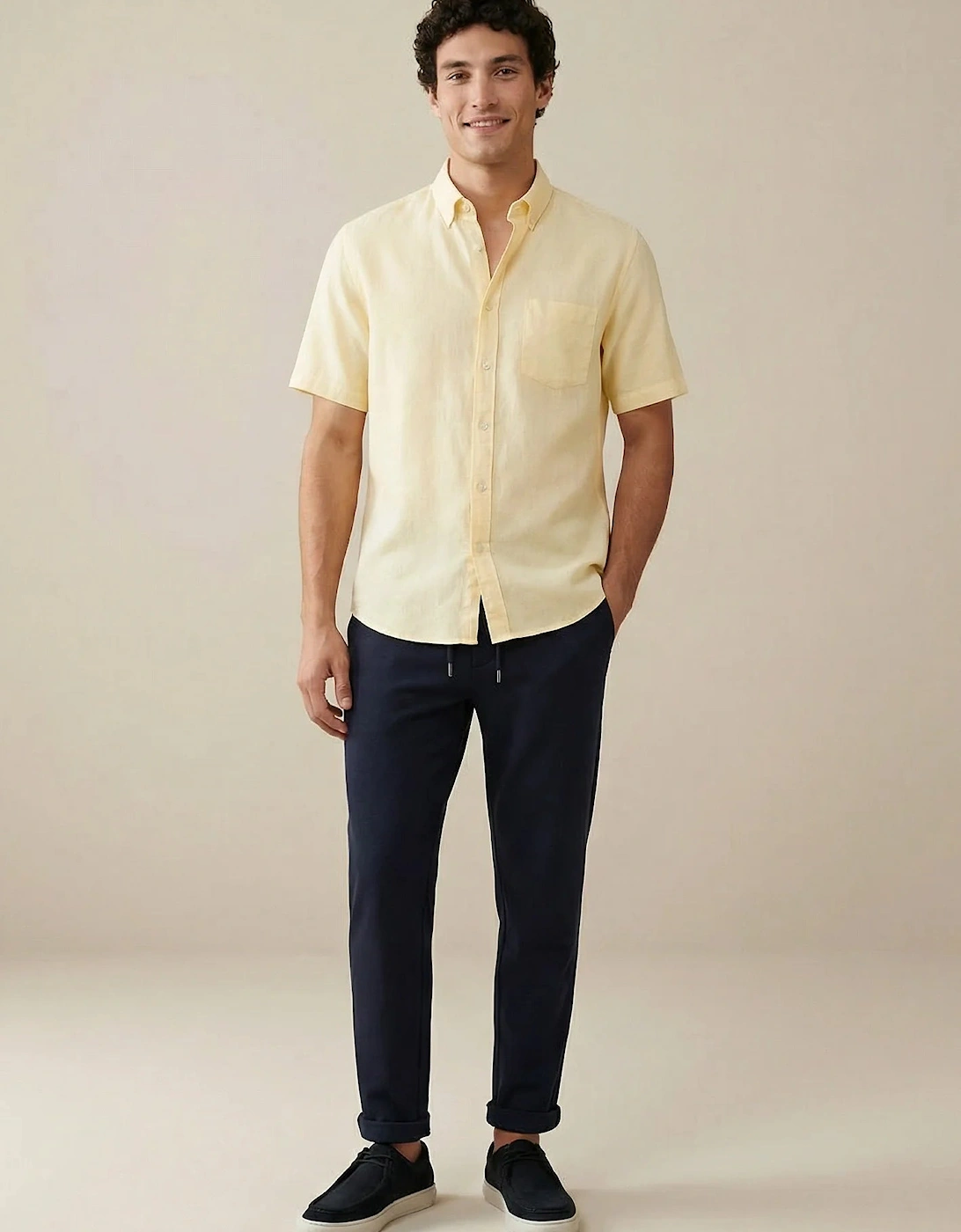 Premium Linen Button Down Short Sleeved Shirt Pale Yellow