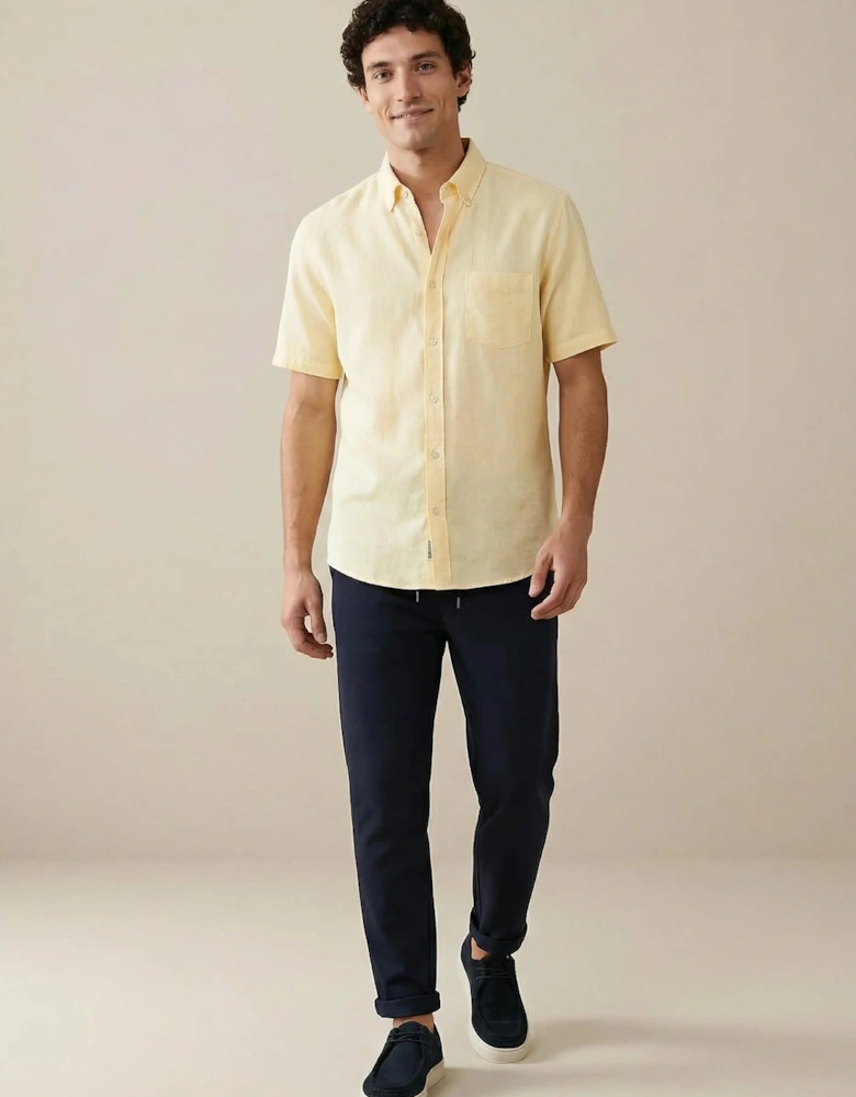 Premium Linen Button Down Short Sleeved Shirt Pale Yellow