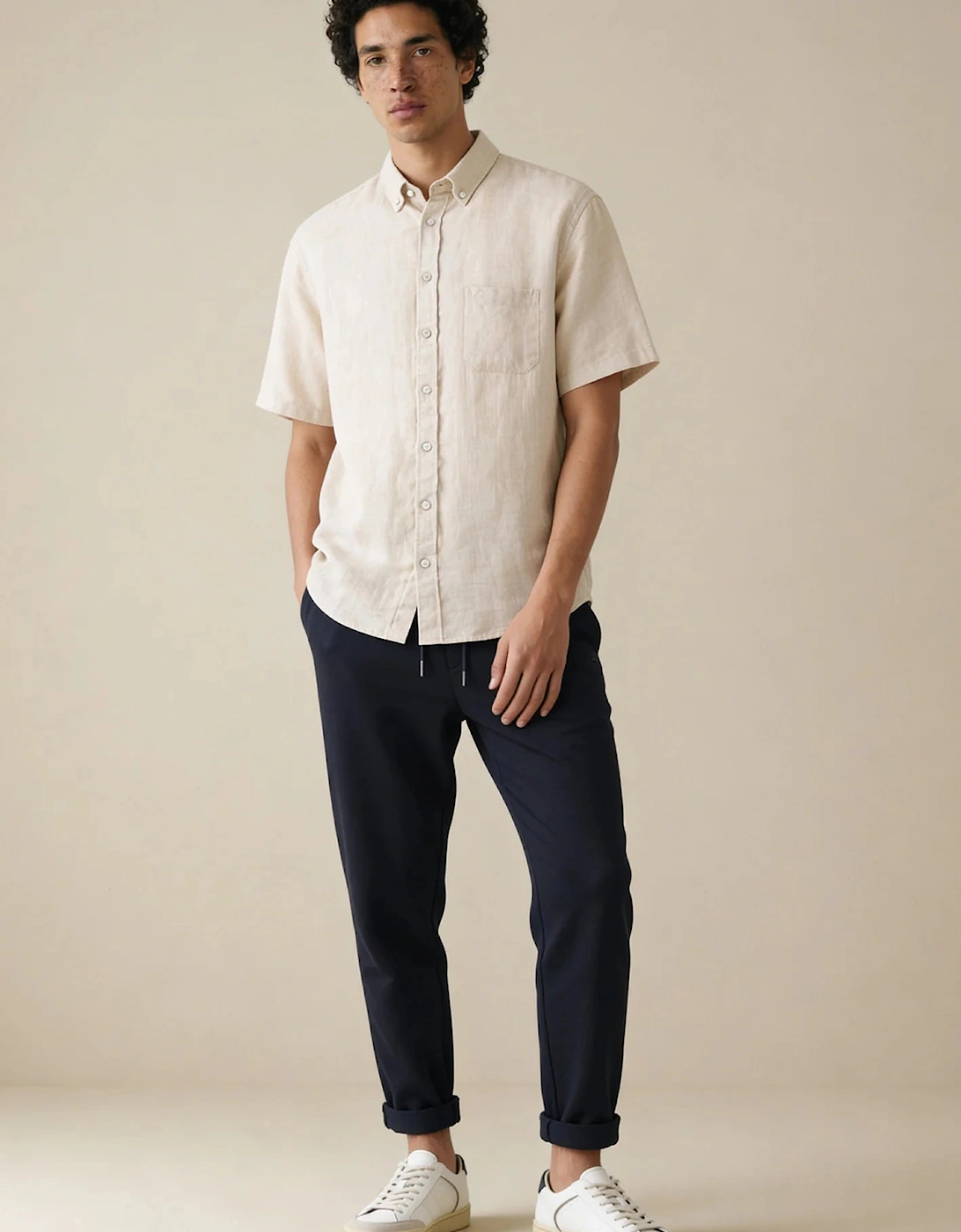 Premium Linen Button Down Short Sleeved Shirt Sand
