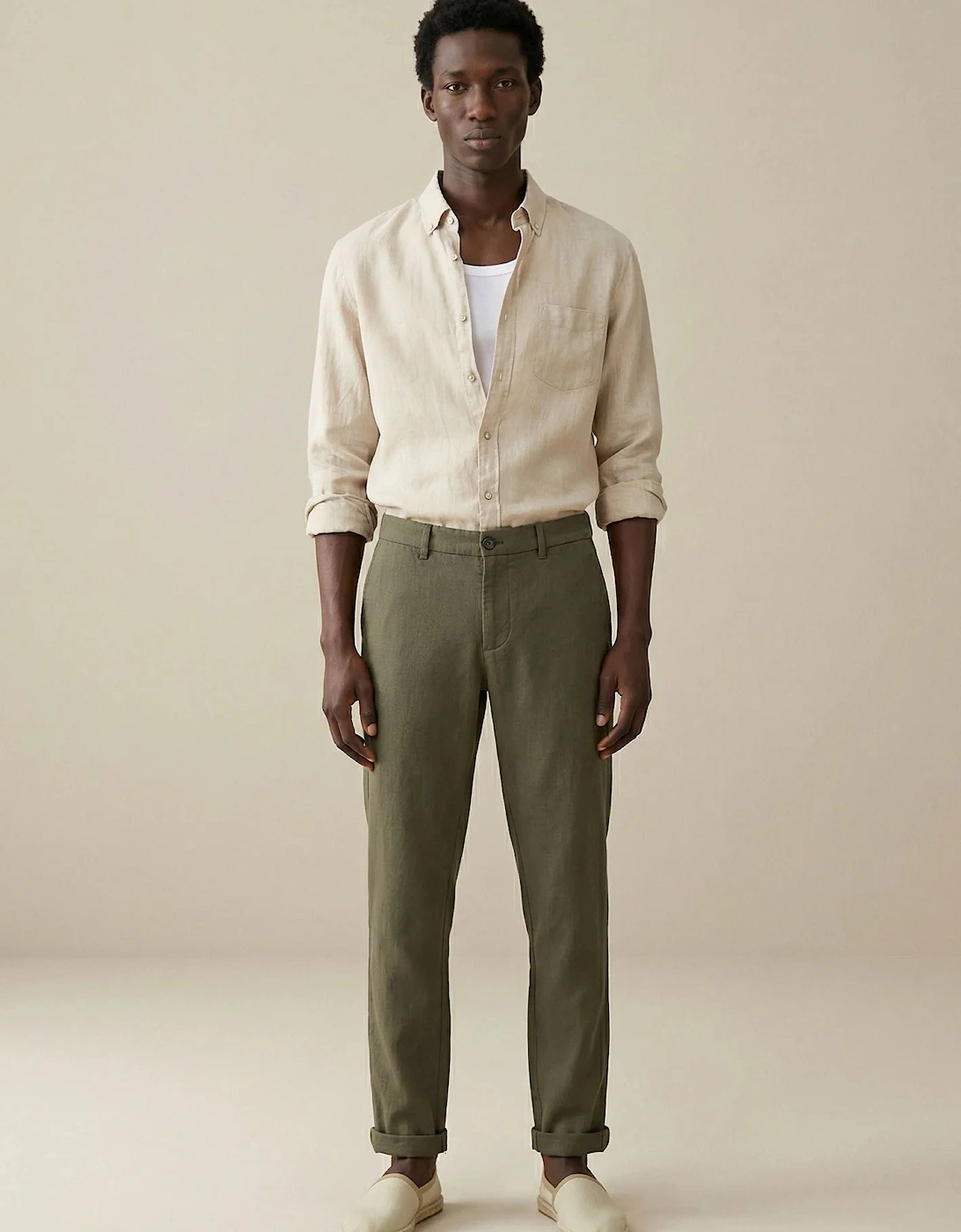 Needle Stripe Linen Button Down Shirt Sand