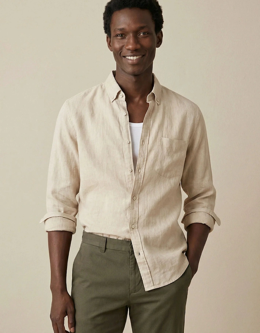 Needle Stripe Linen Button Down Shirt Sand