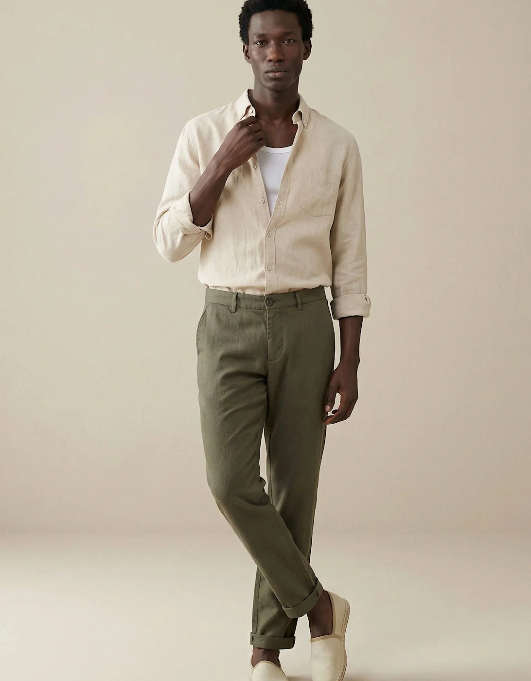 Needle Stripe Linen Button Down Shirt Sand