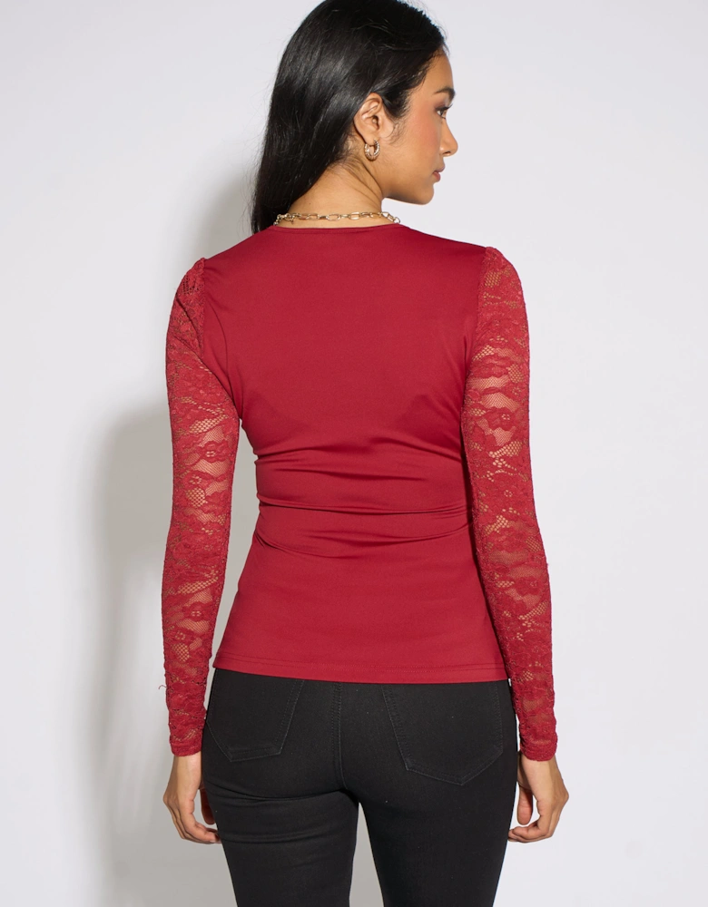 Red Lace Sleeves Jersey Wrap Front Top