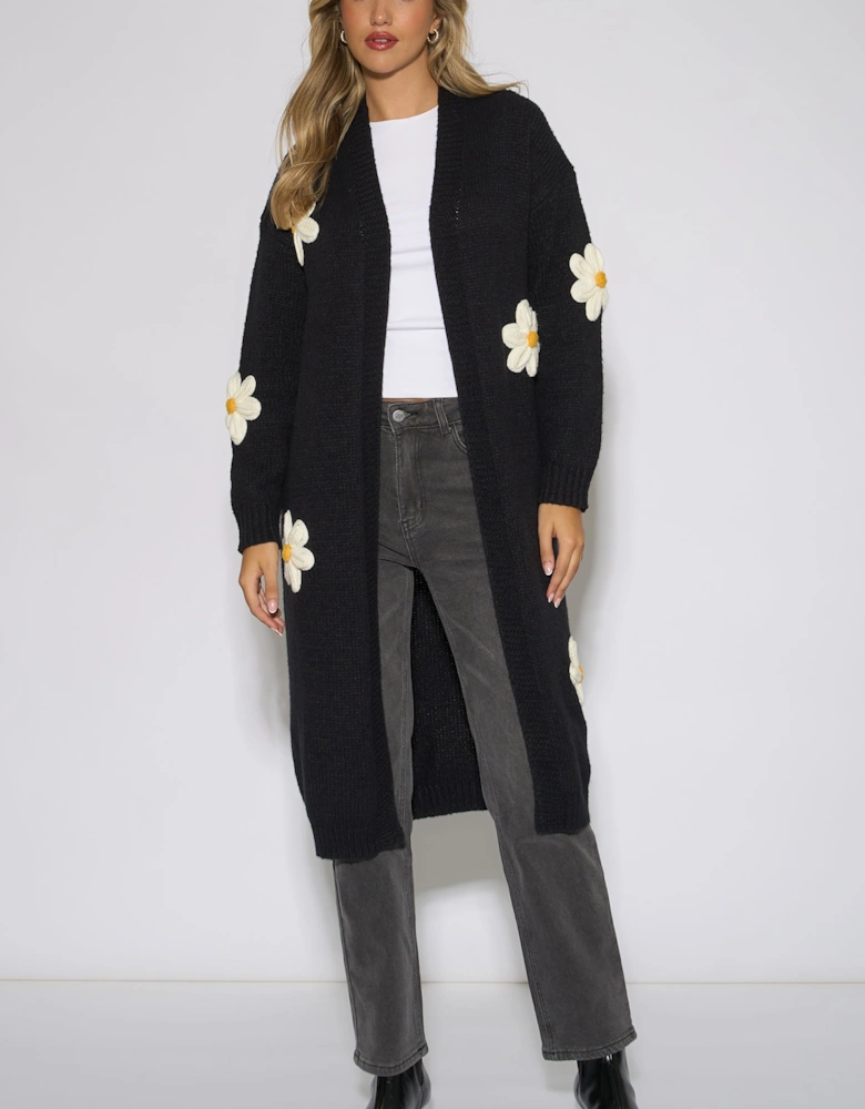 Black 3D Daisy Flower Longline Cardigan