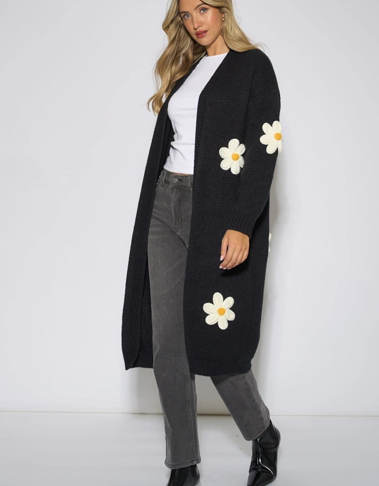 Black 3D Daisy Flower Longline Cardigan