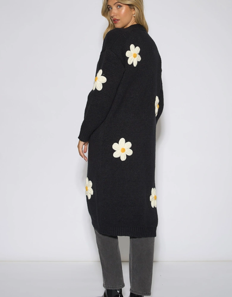 Black 3D Daisy Flower Longline Cardigan
