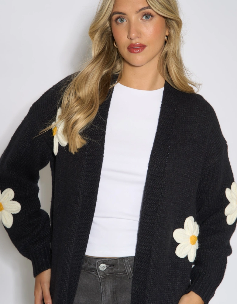 Black 3D Daisy Flower Longline Cardigan
