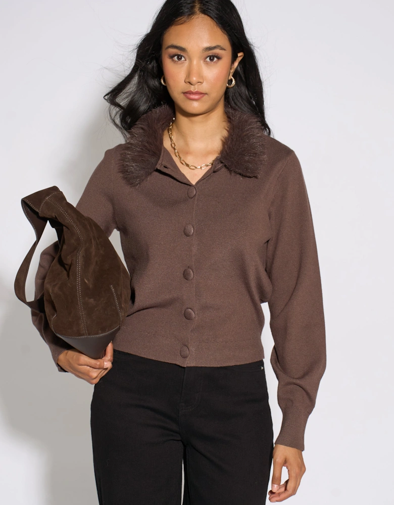 Brown Fur Trim Cardigan