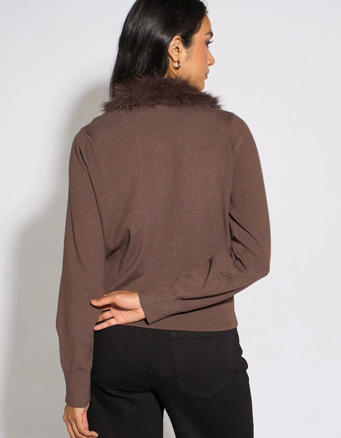 Brown Fur Trim Cardigan
