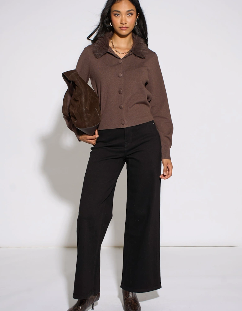 Brown Fur Trim Cardigan