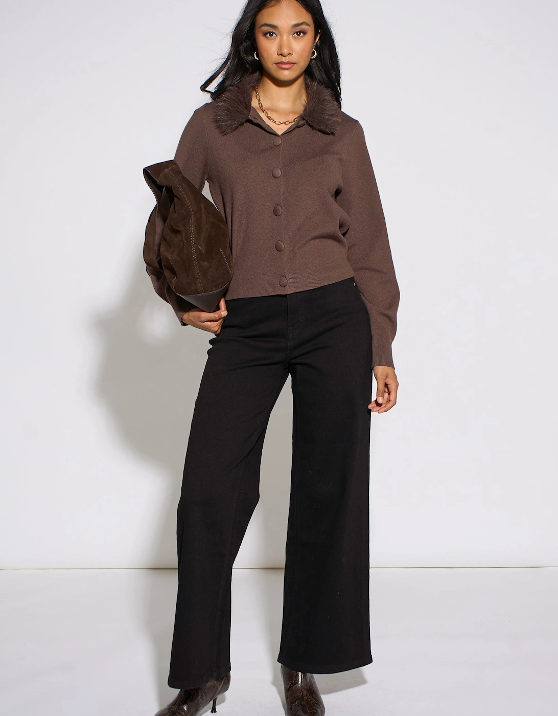 Brown Fur Trim Cardigan
