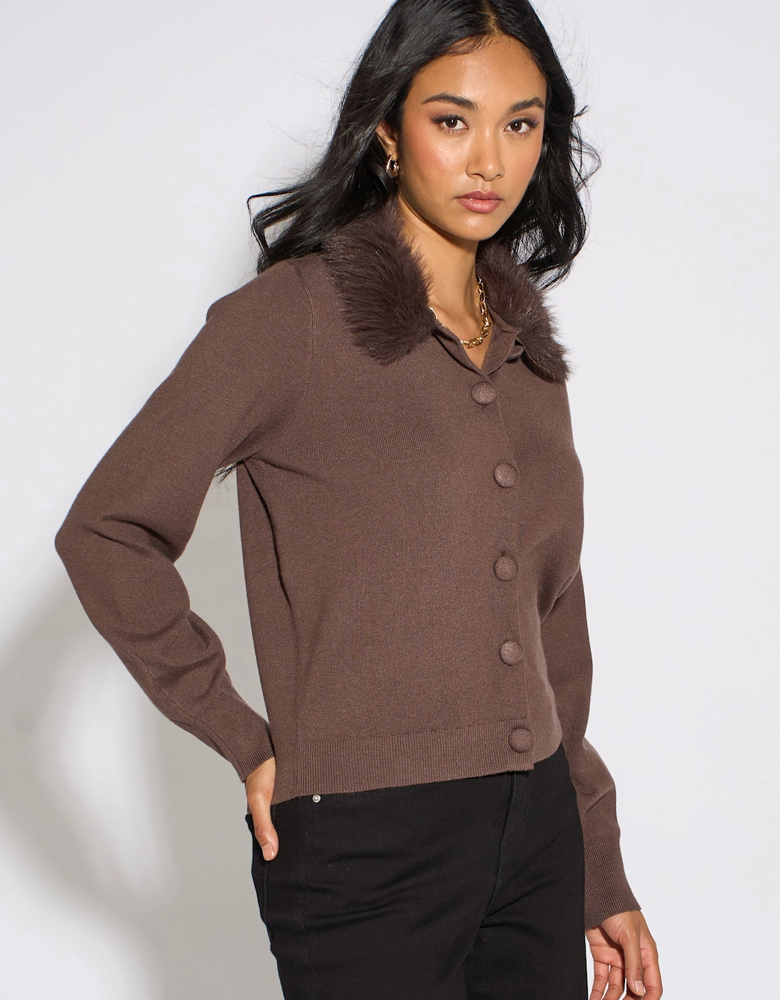 Brown Fur Trim Cardigan