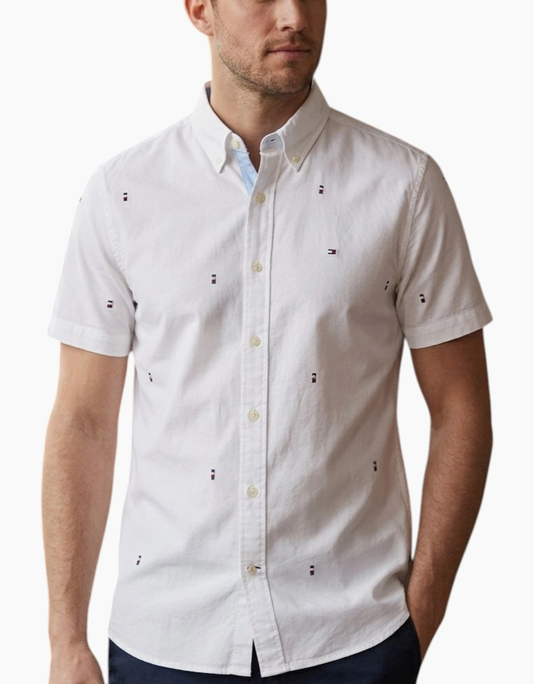 TOMMY HILFIGER Mens Shirt Oxford Lightweight Short Sleeve Regular Fit White Flag