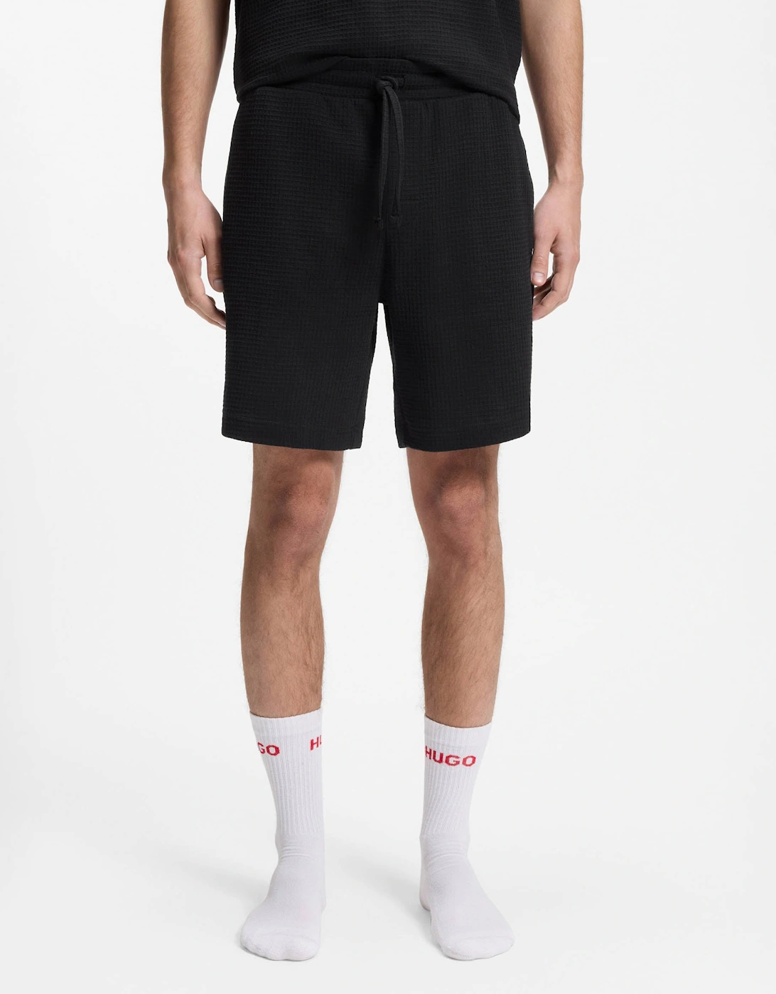 Boss Men's HUGO Austin Mens HUGO Austin Mens HUGO Austin Mens Waffle-Structured Pyjama Shorts with Embroidered Logo - Black
