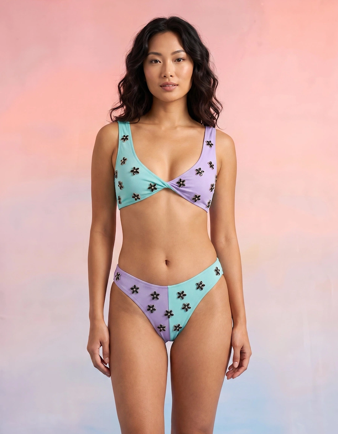 Luna Two-Tone Floral Embellished Bikini In Stock