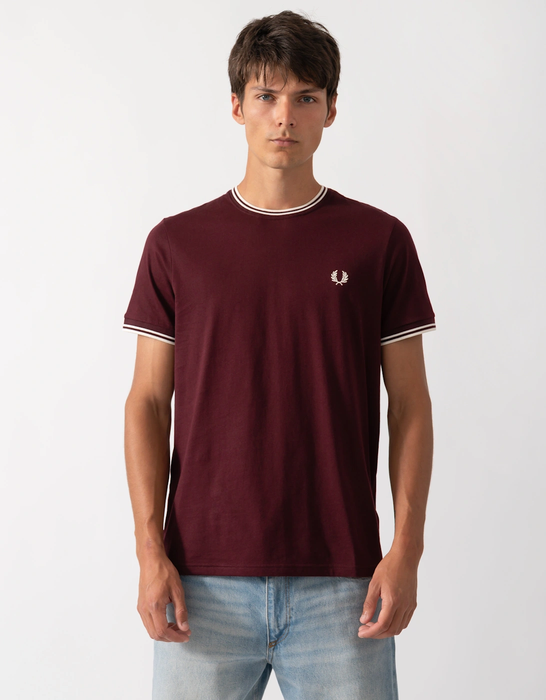 Men's Fred Perry Mens Twin Tipped T-Shirt - Oxblood/Ecru 64A - Size, 42