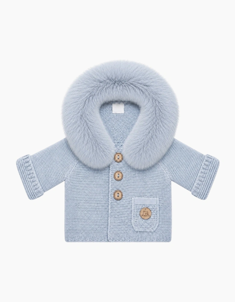 Powder Blue Knit Real Fur Trim Cardigan