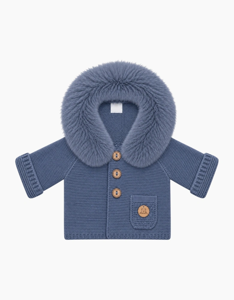 Bruma Blue Knit Real Fur Trim Cardigan