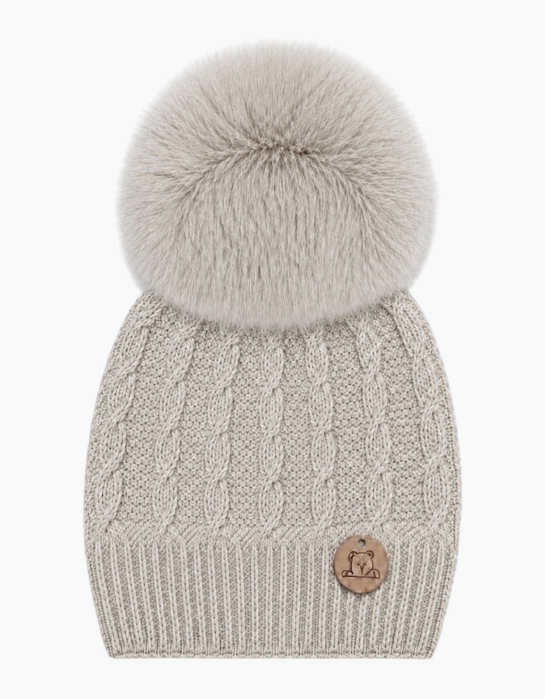 Light Camel Knit Real Fur Cable Hat