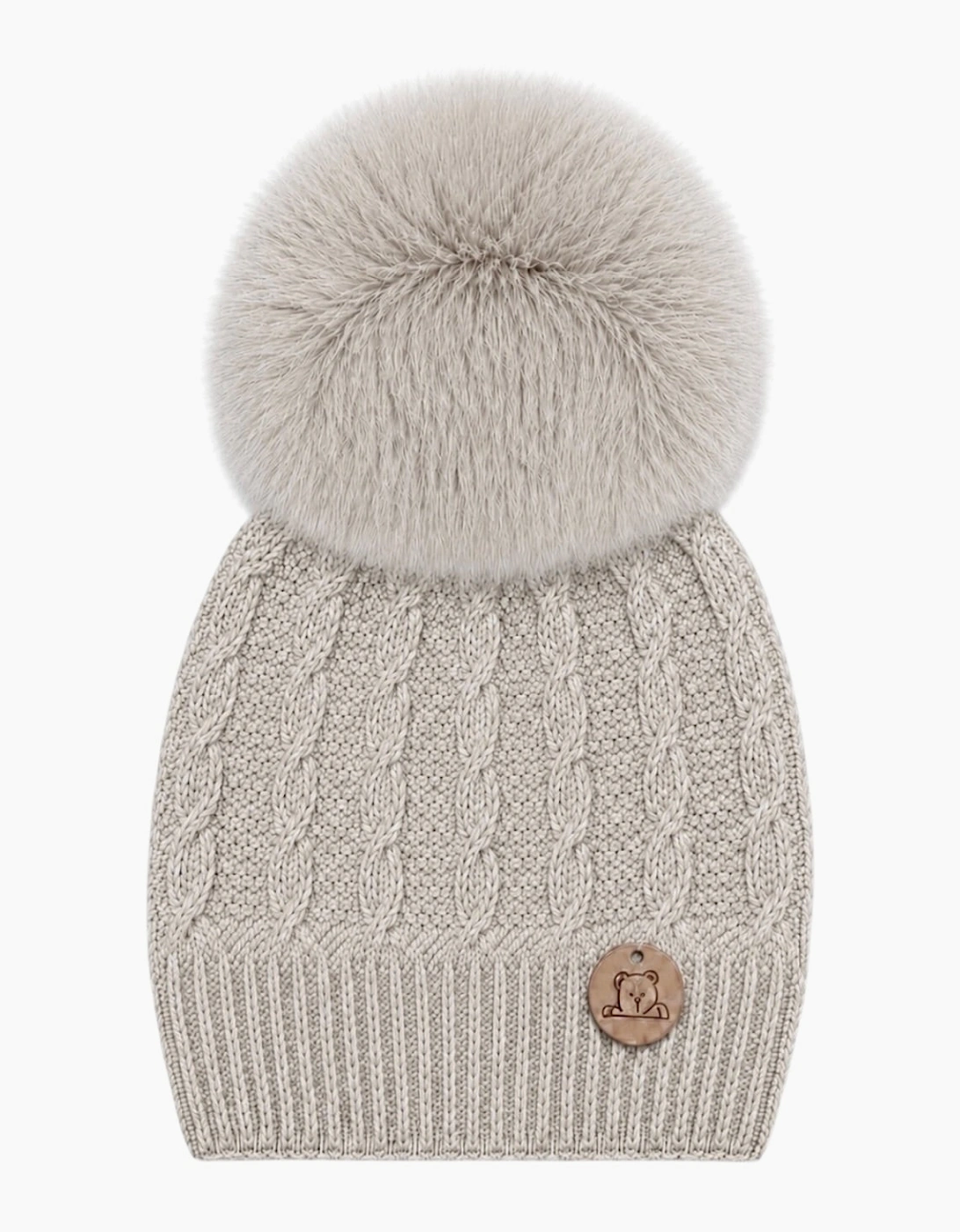 Light Camel Knit Real Fur Cable Hat