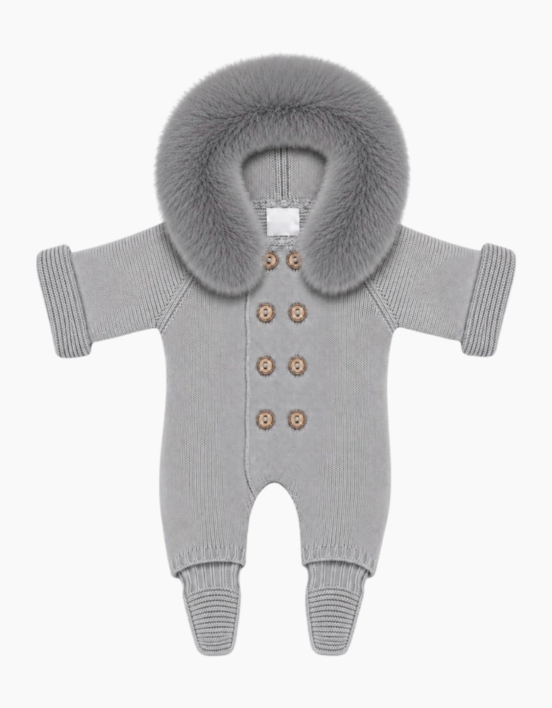Grey Knit Faux Fur Trim Pramsuit