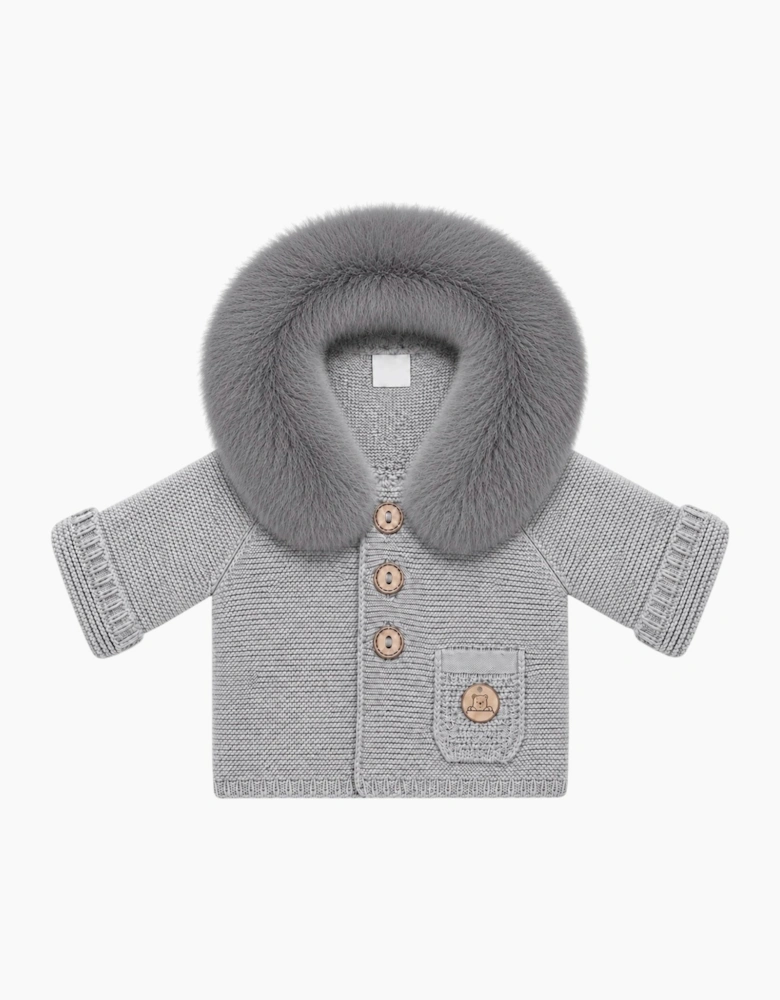 Grey Knit Faux Fur Trim Cardigan
