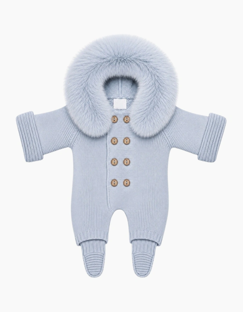 Powder Blue Knit Real Fur Trim Pramsuit