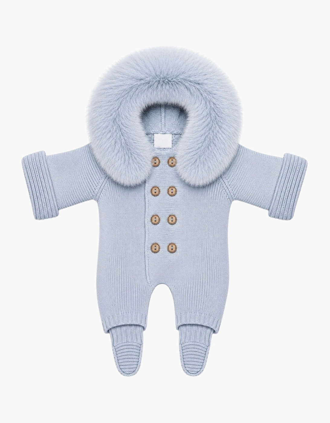 Powder Blue Knit Real Fur Trim Pramsuit