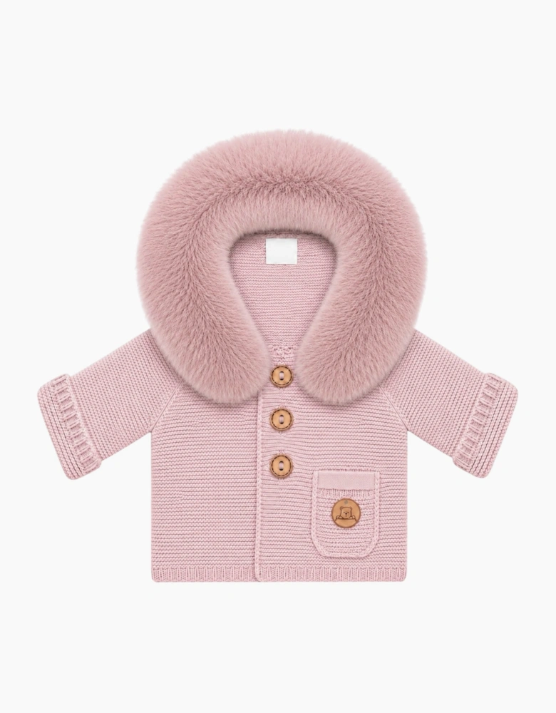Powder Pink Knit Faux Fur Trim Cardigan