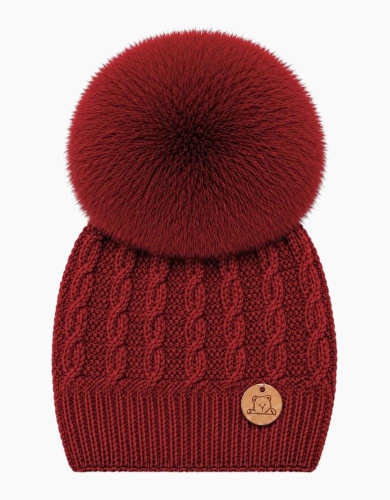 Dark Red Knit Real Fur Cable Hat