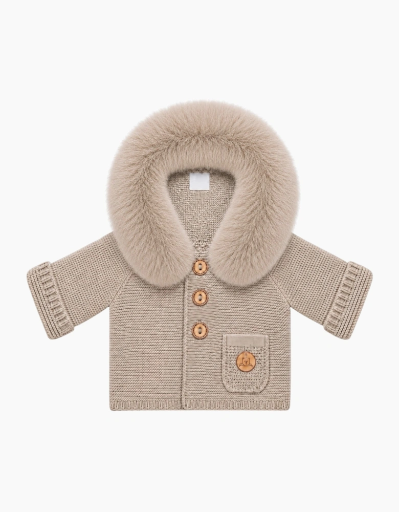 Deep Sand Knit Faux Fur Trim Cardigan