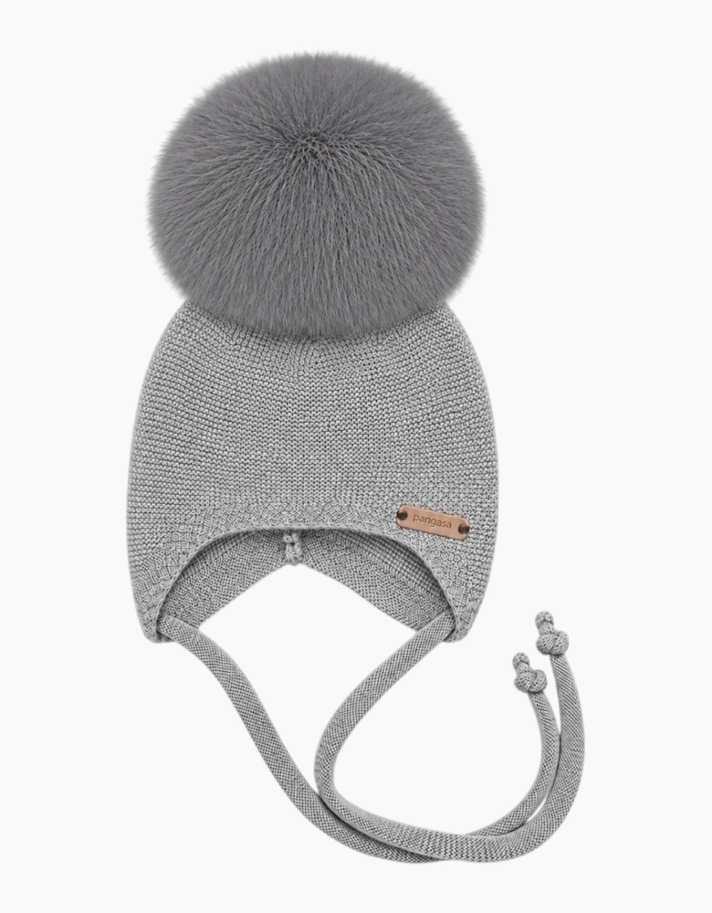 Grey Knit Faux Fur Tie Hat
