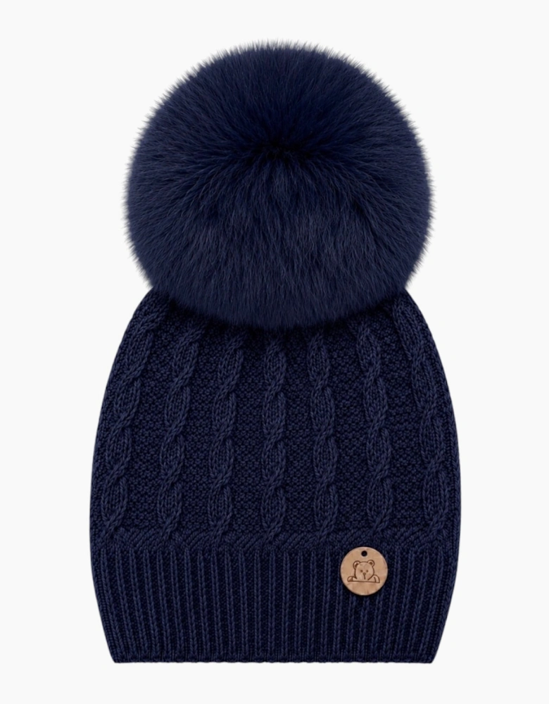 Navy Knit Real Fur Cable Hat