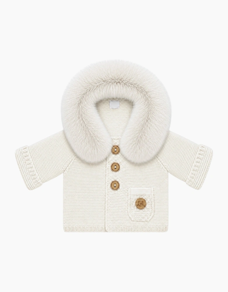 Ivory Knit Real Fur Trim Cardigan